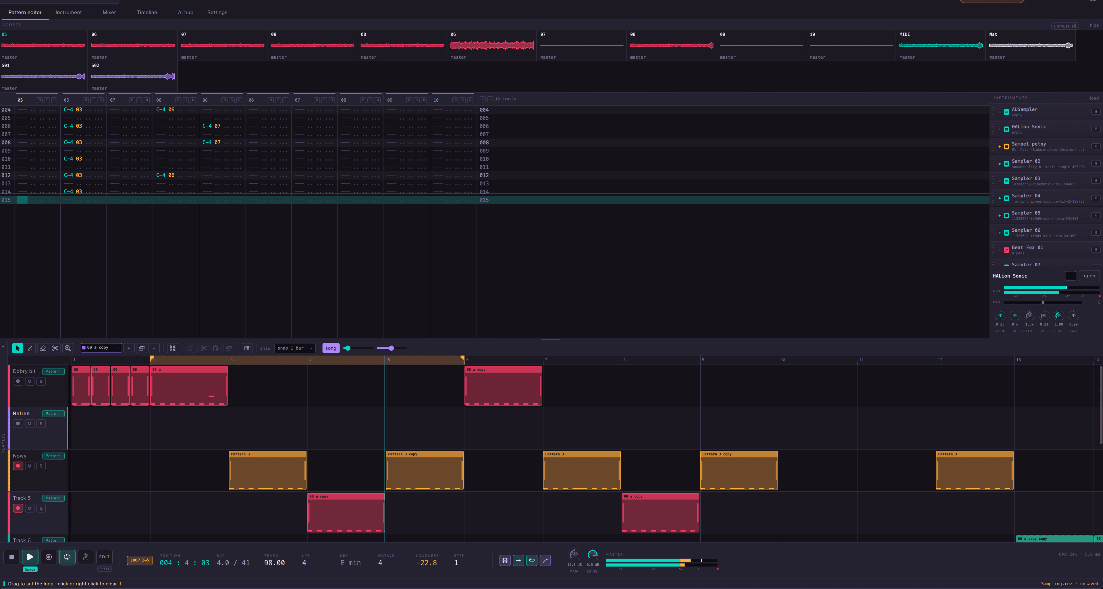 The pattern editor with the timeline below it