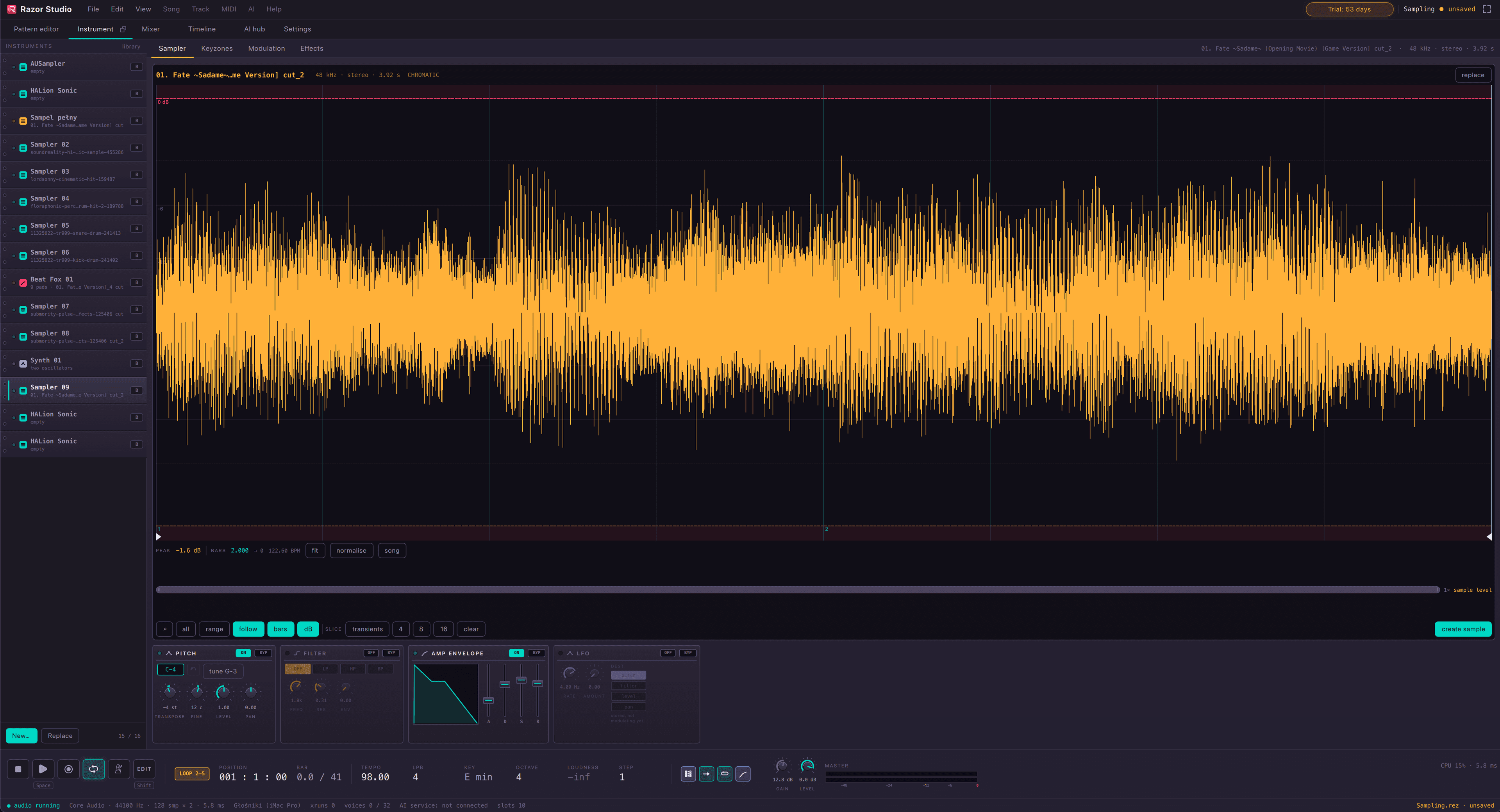 The instrument browser with a sampler loaded